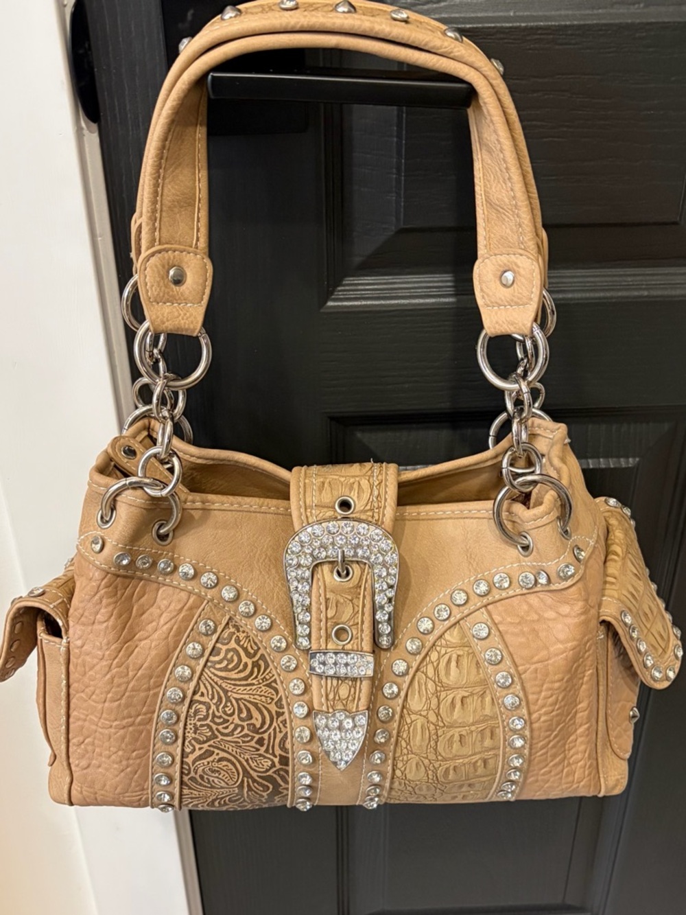 Silverake Y2K Studded Tan Shoulder Bag with Crystal Buckle